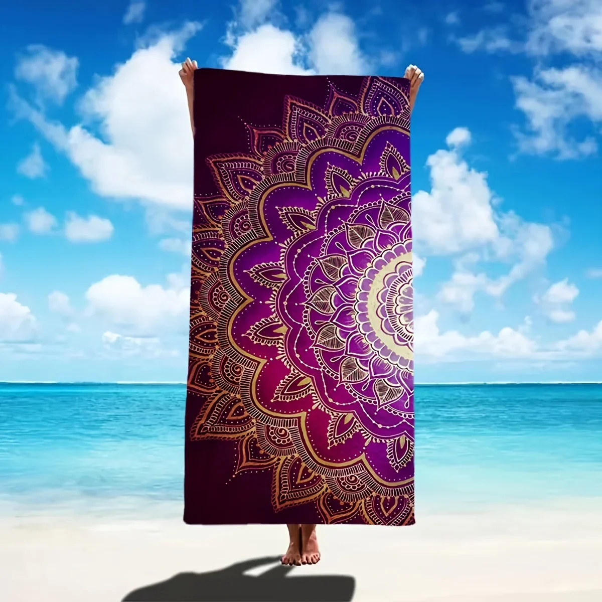 Purple Mandala Beach Towel, Boho Floral Print, Quick Dry Microfiber, Oversized for Beach Pool, Gift for Yoga Lovers