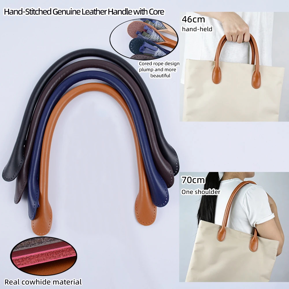 

New 1 Pair Rope-Cored Hand-Stitched Genuine Leather Cowhide Bag Handles Multi-use Underarm & Shoulder Replacement Straps