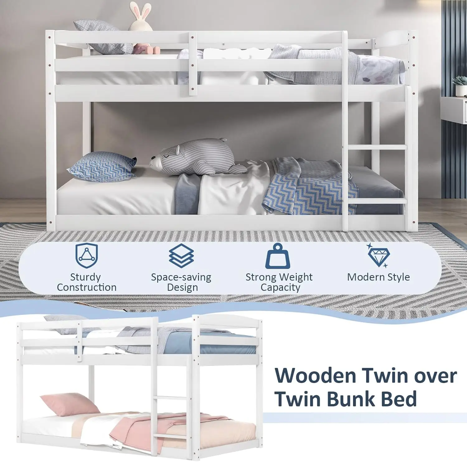 Tempat Tidur Susun Rendah Kembar, Rangka Tempat Tidur Susun Twin Over Twin Kayu Solid dengan Pagar Pembatas Penuh & Tangga Terintegrasi,