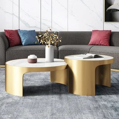 Italian marble coffee table round combination light luxury modern small apartment stainless steel gold image 2