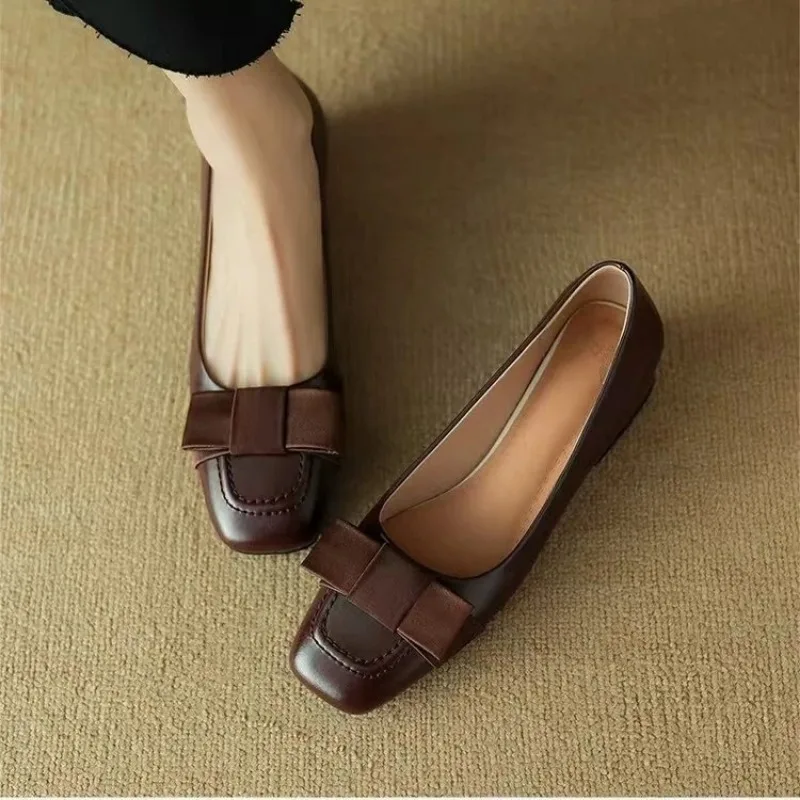 Female Special Offer Soft Leather Square Head High Heels Shoes Loafers Women's 2026 New Knot Thick Heel Versatile Single Pumps image 5