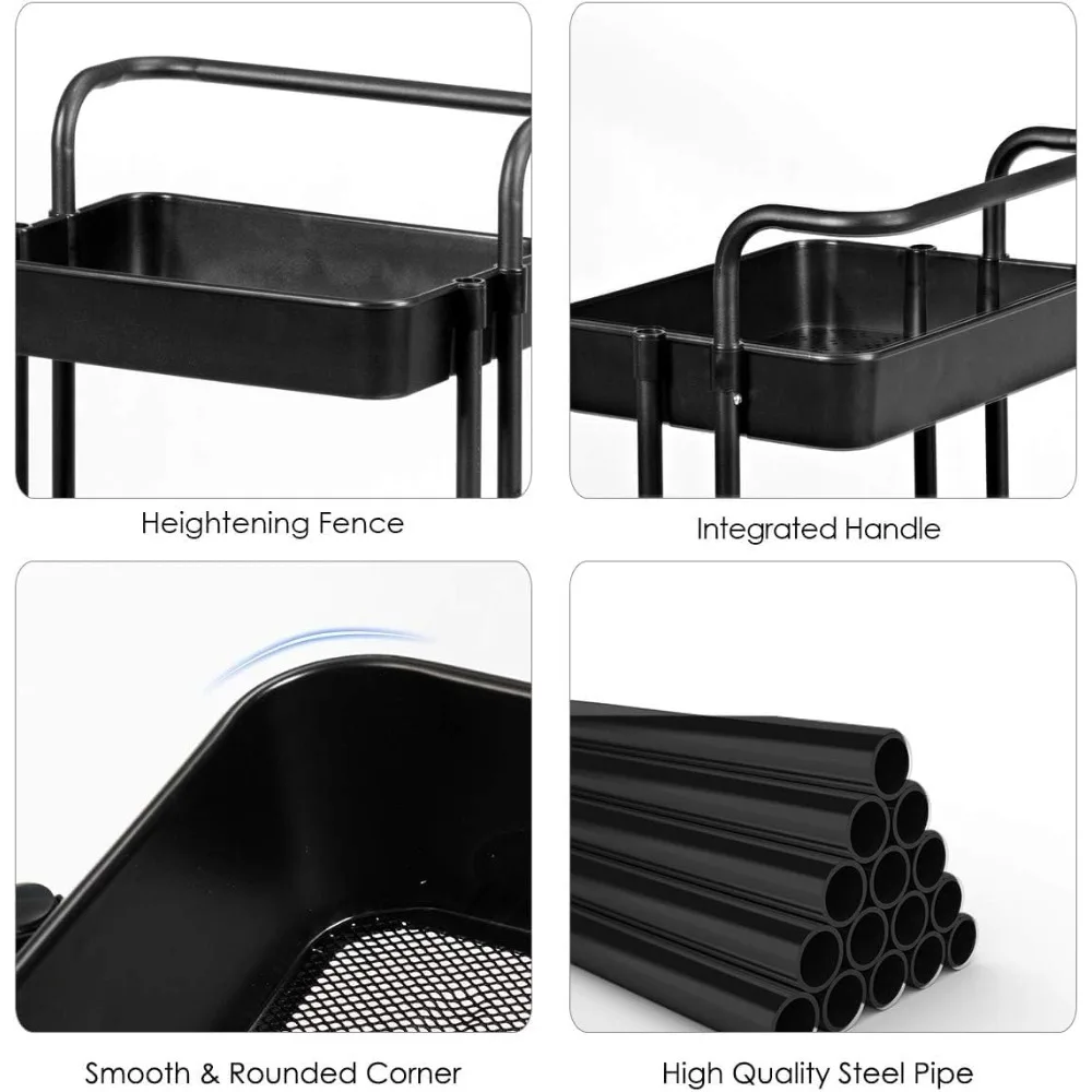 عربة أدوات دوارة من 3 طبقات مع عجلات قابلة للقفل، منظم تخزين متنقل لمكتب المطبخ والحمام، أسود #3