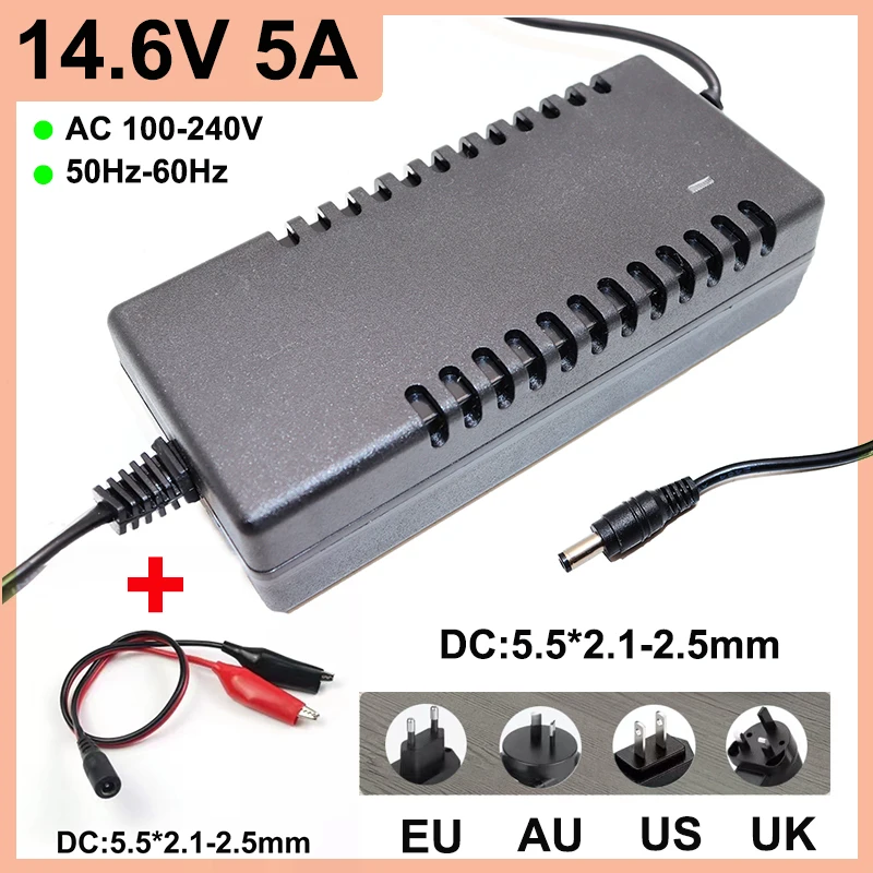 4S 14.6V 5A LiFePO4 ładowarka 12V Lifepo4 akumulator 5A ładowarka inteligentne wyłączanie AC100-240V DC5.5 * 2.1/2.5mm wtyczka + zacisk szczękowy