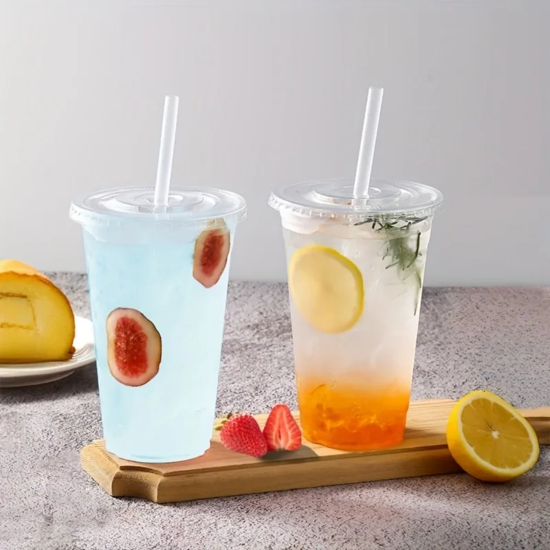 12/16/20OZ Disposable Transparent Plastic Cup Flat Lid Drinking Cup for Parties Birthdays Weddings Camping Kitchen Utensils