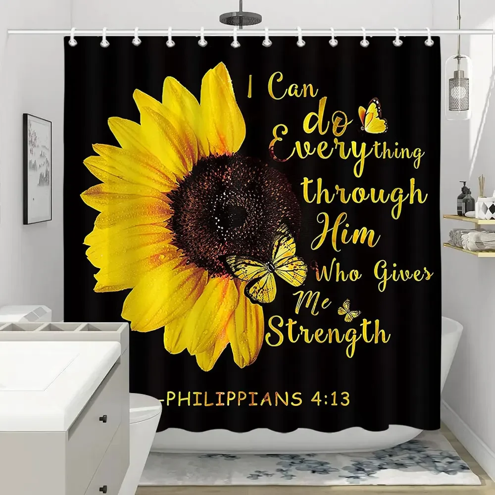 Multi-colour Text Print Shower Curtain Black Background Floral Pattern Polyester Fabric Washable Shower Curtains Bathroom Decor