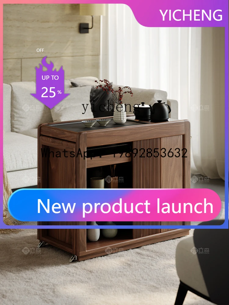 

X6 Black Walnut Tea Cart Mobile Side Table Living Room Household Solid Wood Tea Table Balcony Tea Table