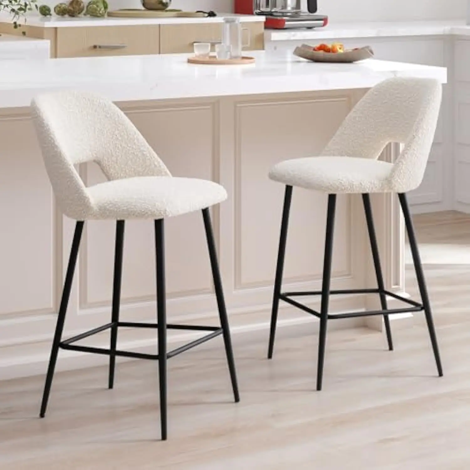 

Modern Bar Stools Counter Height with Open Backs, Upholstered Counter Stools for Kitchen Island, 26'' White Boucle Fabric Kitc