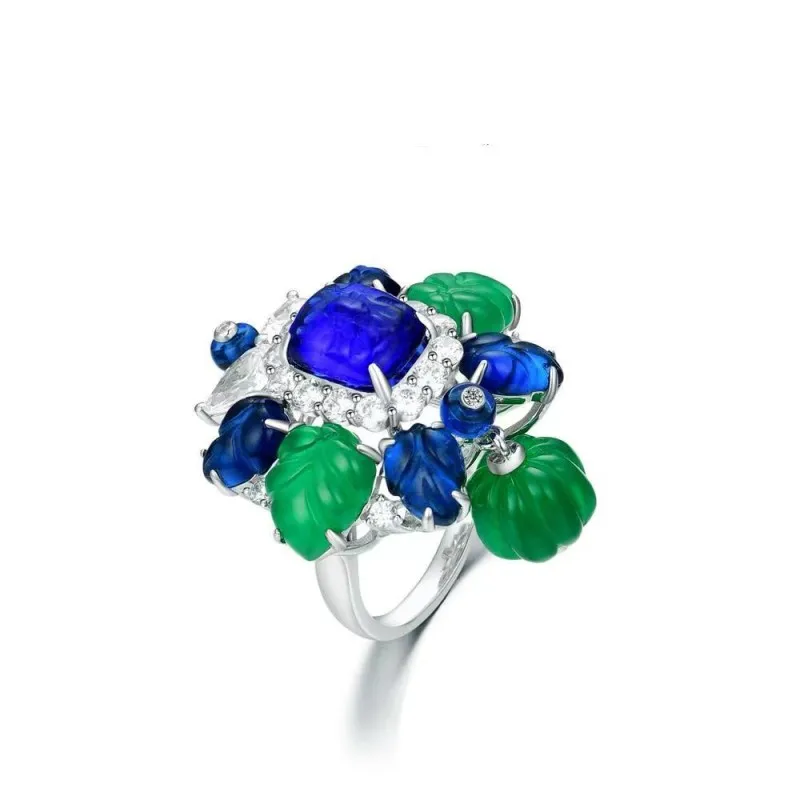 

ZOCA Unique Engraved Blue And Emerald Color Gemstone Top Brand Luxury 925 Sterling Silver Ring for Women Woman Rings