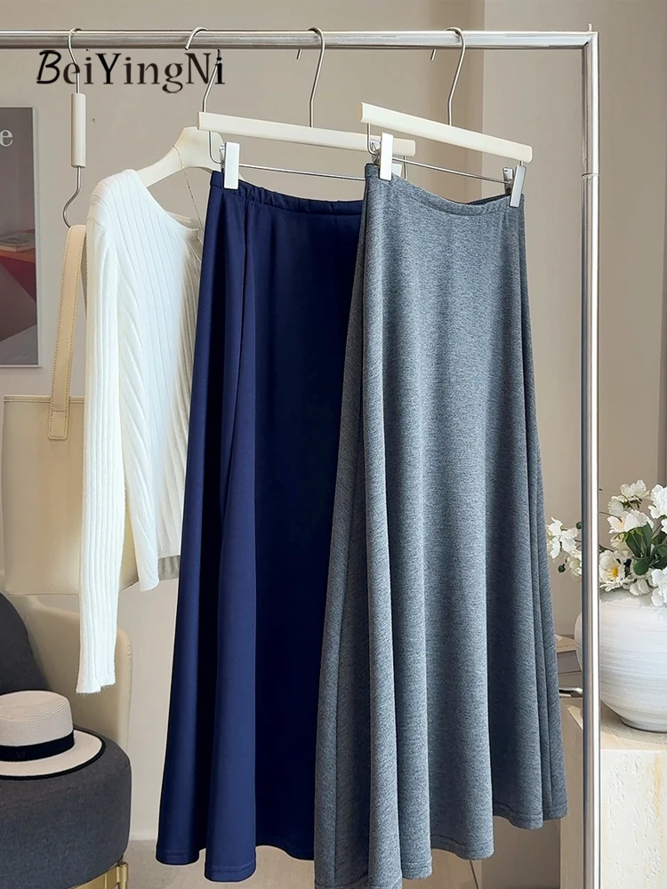 

Beiyingni серые длинные юбки в корейском стиле для женщин, простая дышащая юбка-миди трапециевидной формы с высокой талией, женская повседневная уличная юбка Faldas