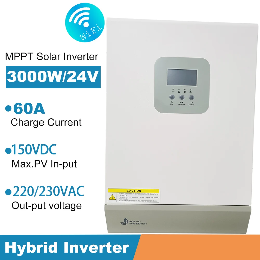 

Hybrid Solar Inverter 24v MPPT 3KW Solar Inverter Charge Controller 145VDC Pure Sine Wave Converter 230VAC 6000W Peak power