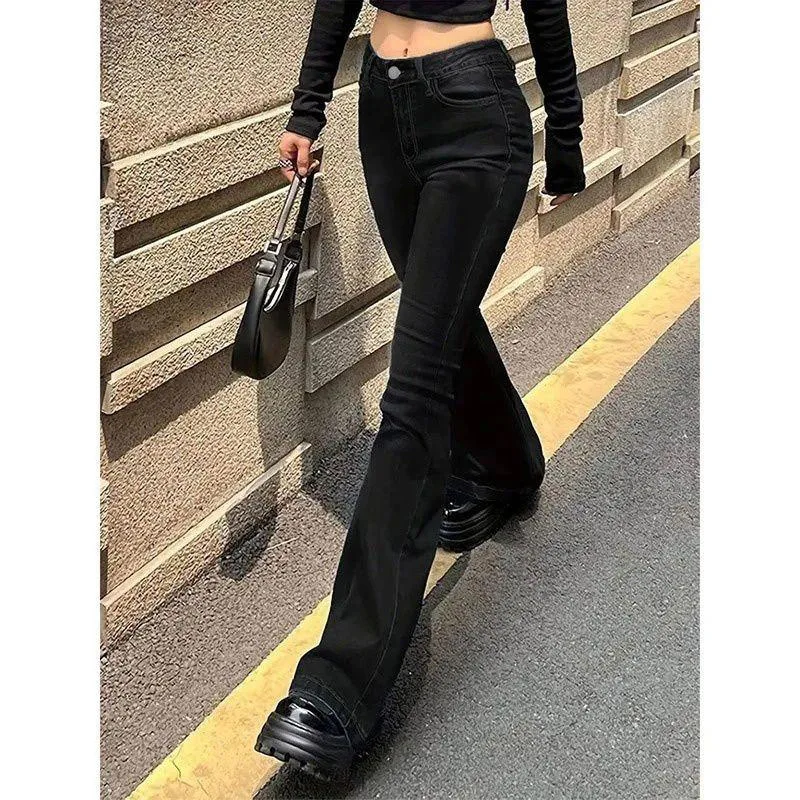 Women Thin Bell Bottom Jeans Lady High Waist Solid Color Denim Pants Girls Korean Fashion Straight Leg Trousers