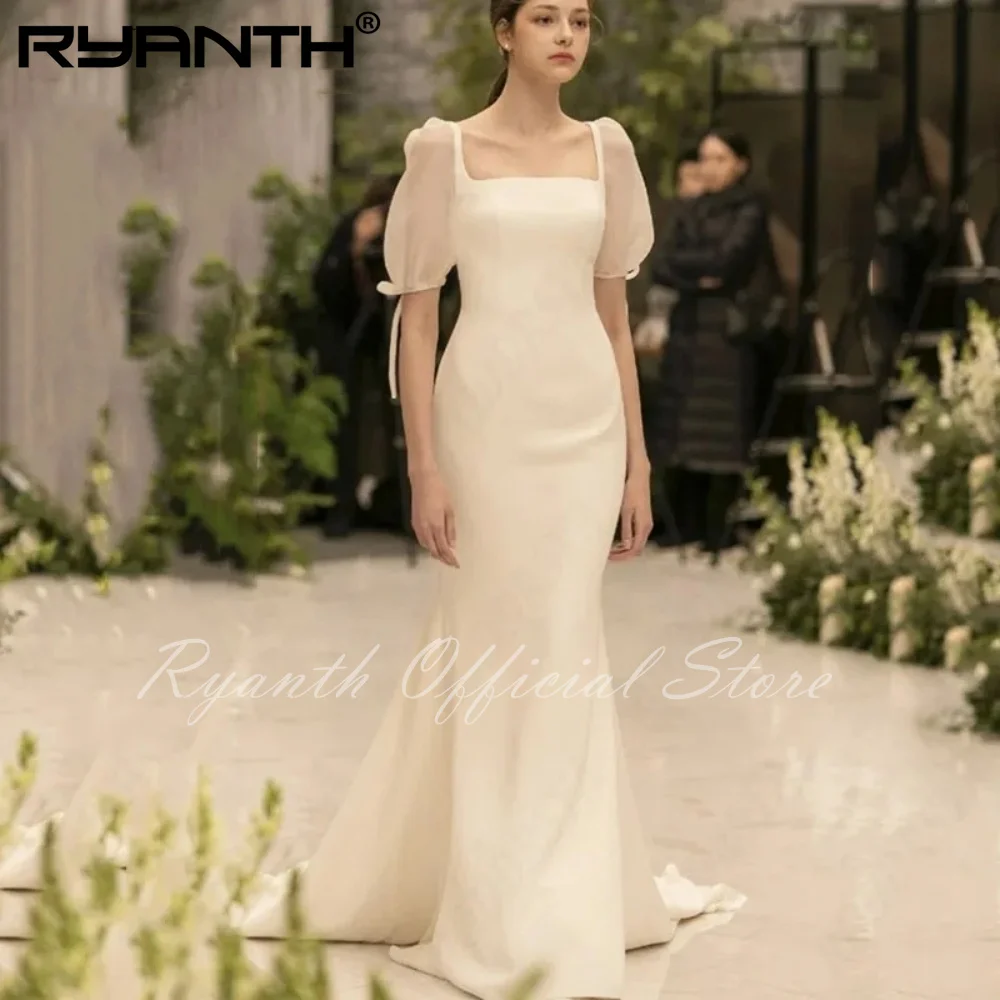 Ryanth Simple Square Collar Korea Wedding Dresses Elegant Button Back 2024 Bow Short Sleeve Civil Bridal Party For Bride  신부 드레스