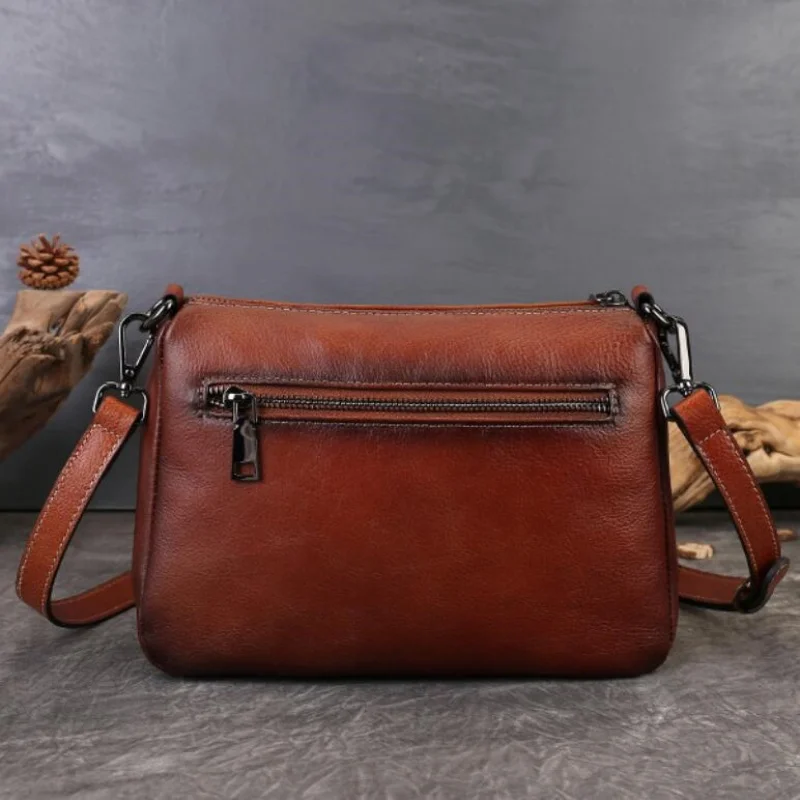Women's Genuine Leather Multi Zipper Shoulder Bag Pure Color Versatile Cowhide Messenger Bags Retro Style Satchel for Girls