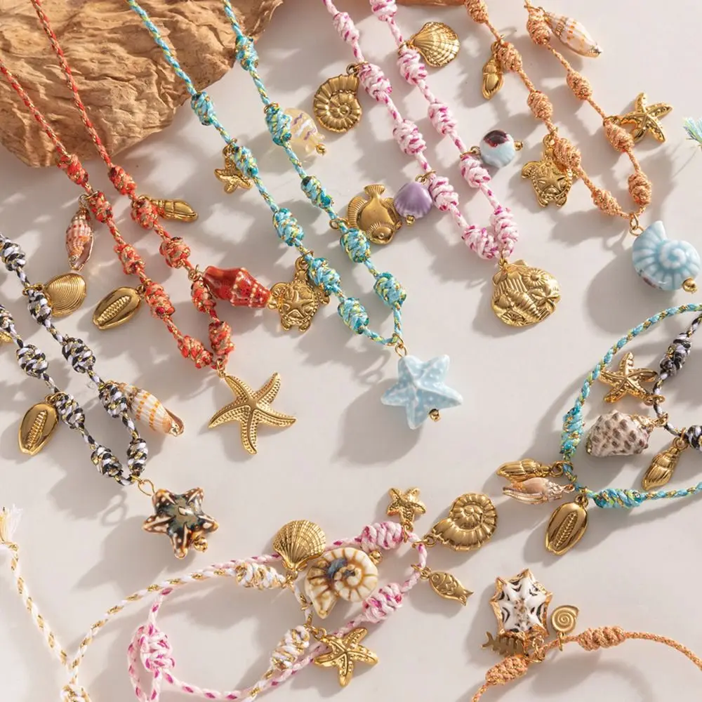 

Bohemian Shell Pendant Necklace Knotting Rope Stainless Steel Collarbone Chain DIY Ocean Theme Clavicle Chain Vacation Accessory