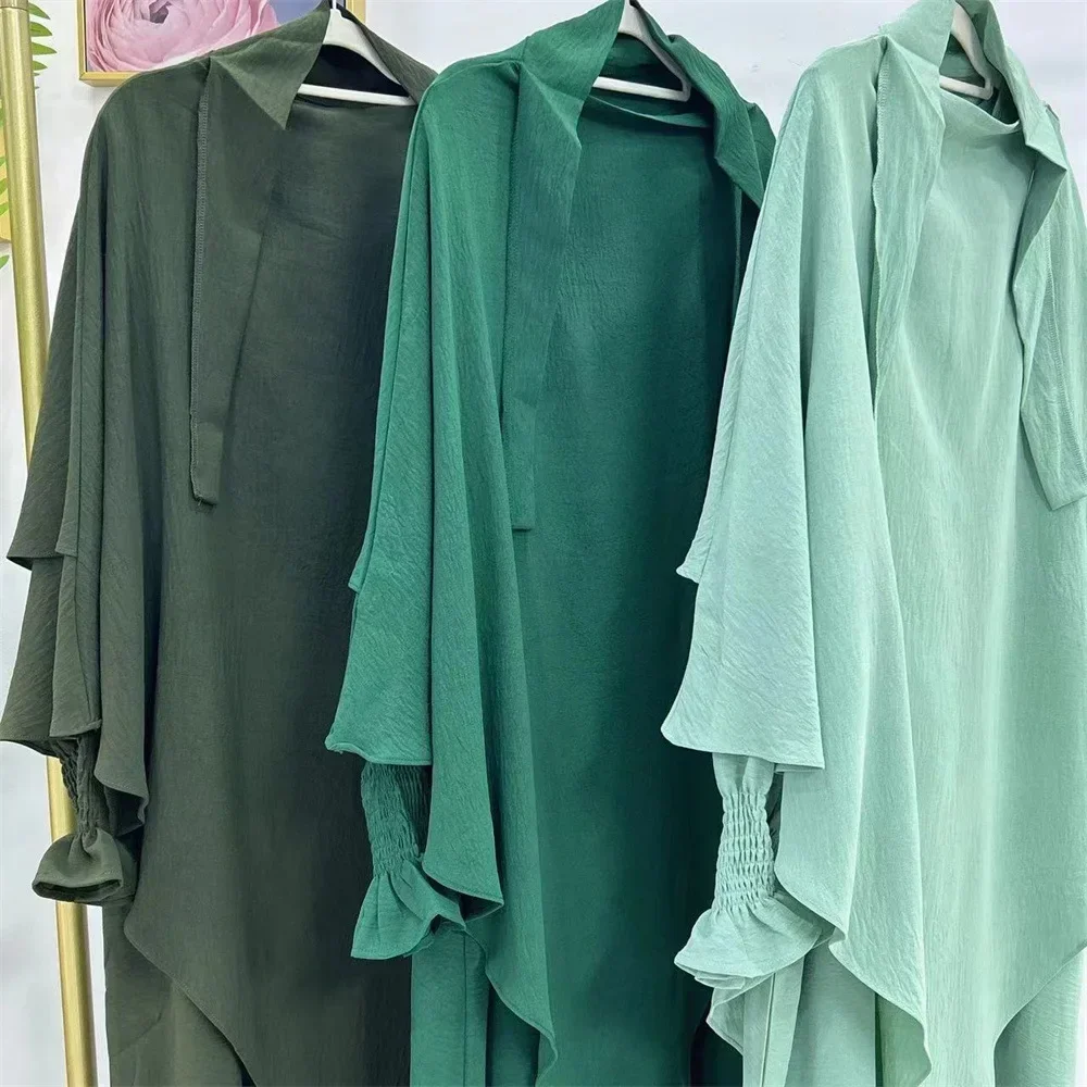 Khimar abaya conjunto de tecido enrugado vestido de punho smocked + lenço hijab de duas camadas roupas de oração islam jilbabs para mulheres ramadan muçulmano