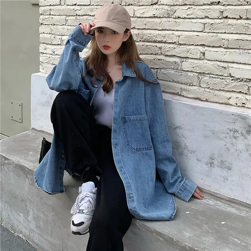 Women\'s Denim Shirt Jackets Retro Harajuku Streetwear Oversized Korean Style Ladies Casual Outwear Yk2 Short Denim Coats Tops