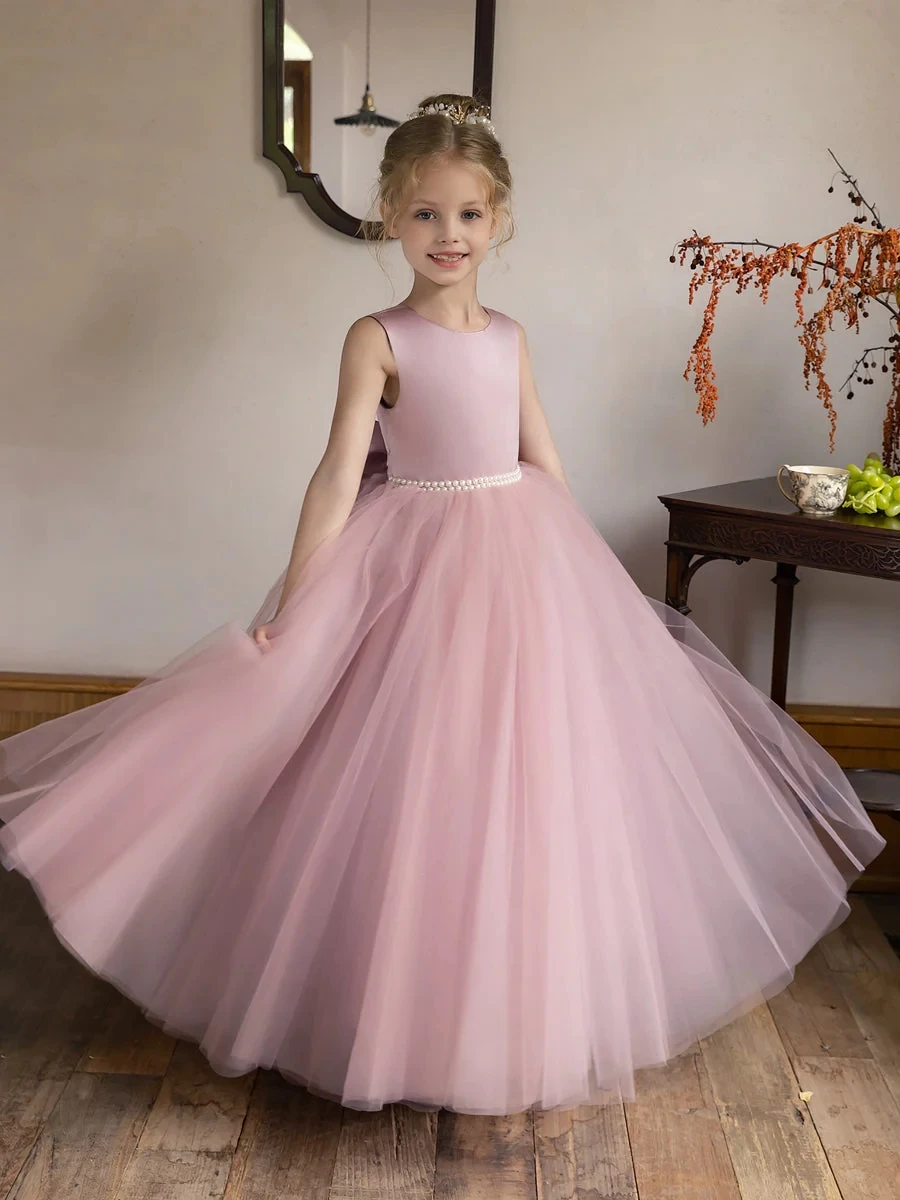 Vestido de baile de tul para niña, traje de princesa con perlas y lazo de satén, quinceañera, 2024