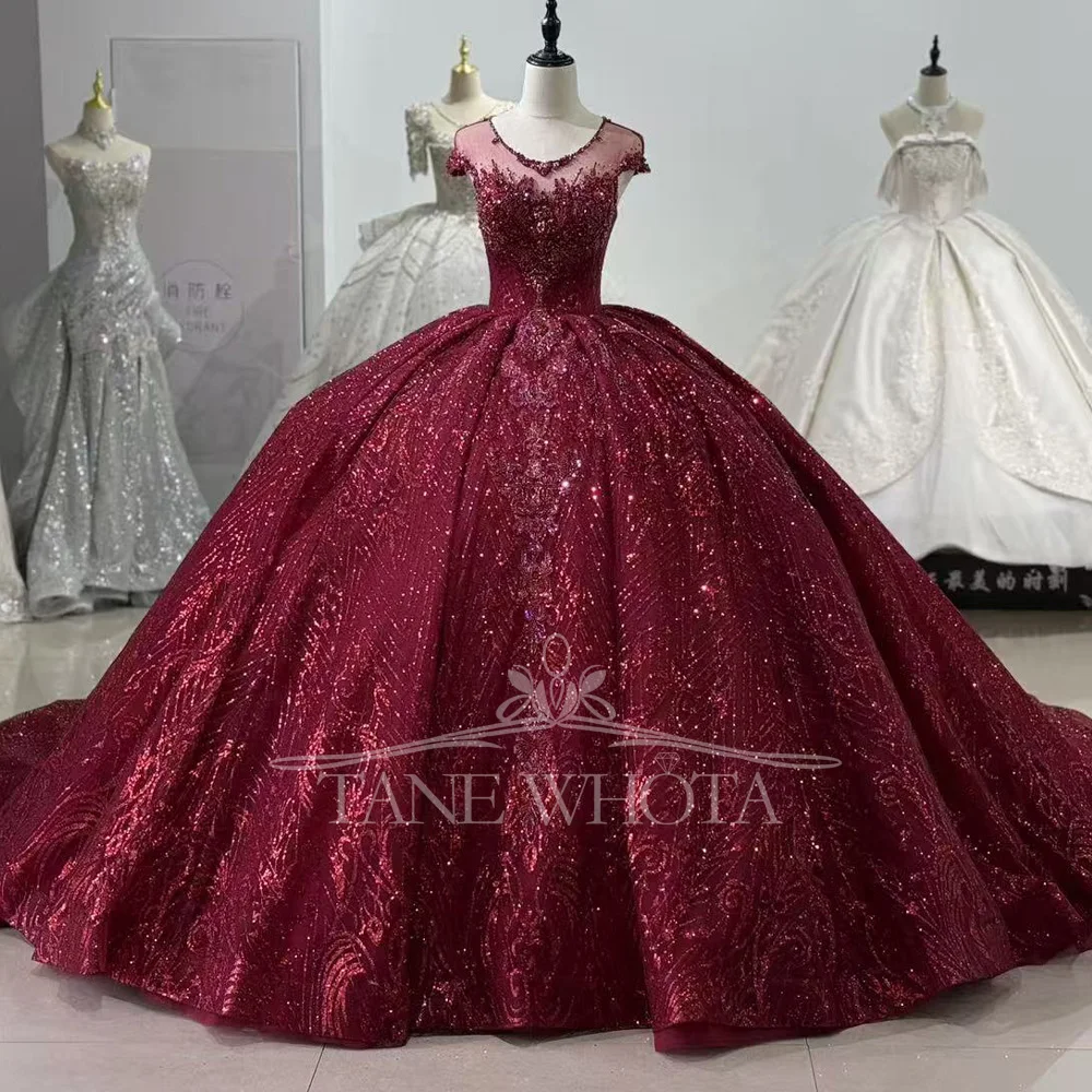 

Customizable Red Evening Gown O-Neck Cap Sleeves Lace Up Keyhole Back Crystal Sequined Prom Dress For Women