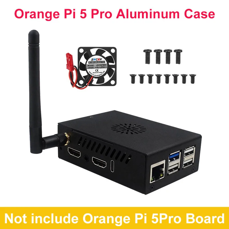 Estojo de alumínio para Orange Pi 5 Pro, liga metálica com ventilador de refrigeração, gabinete preto, antena de suporte, OPI 5 Pro