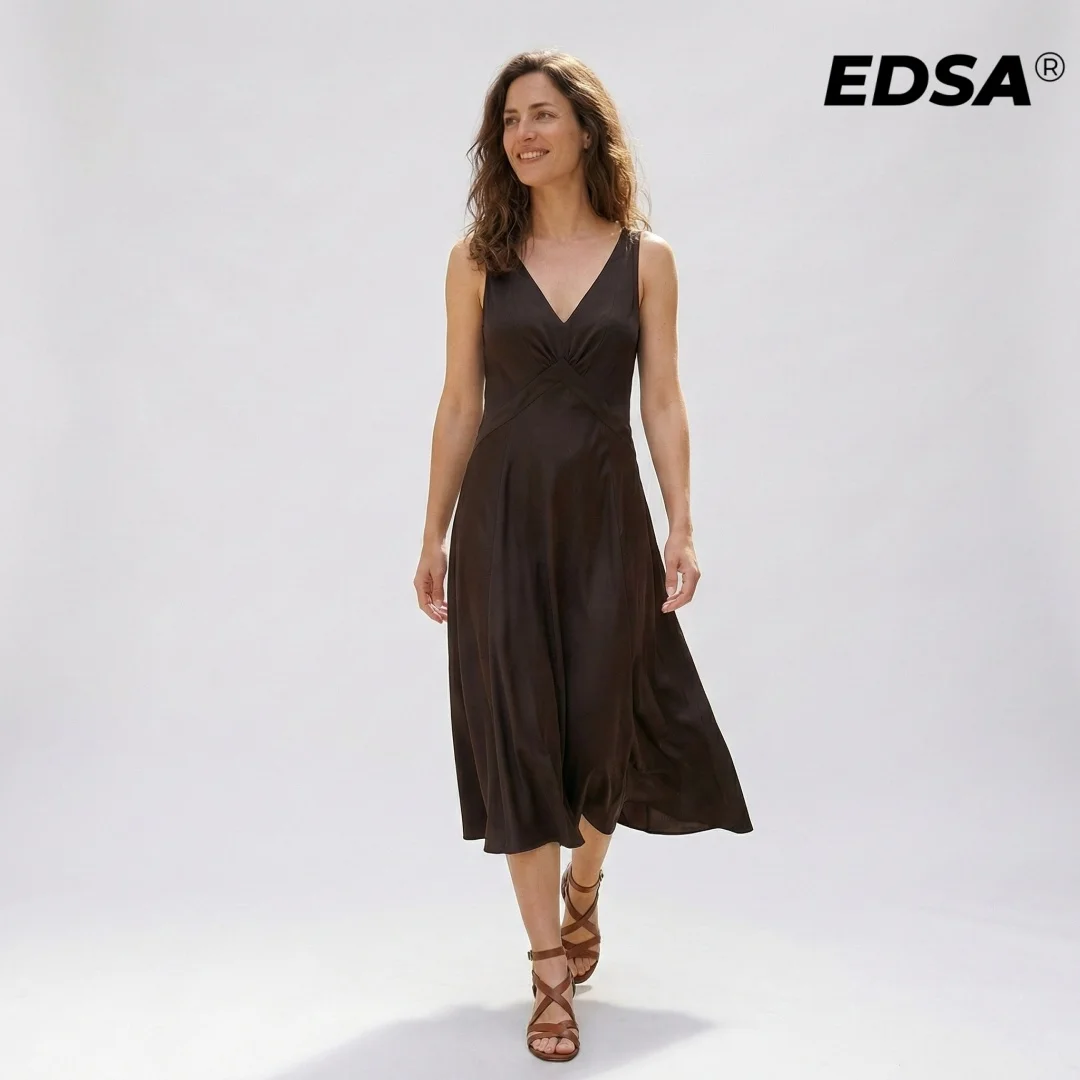 فستان EDSA نسائي من الساتان متوسط الطول بخصر عالٍ مع أشرطة واسعة فساتين طويلة بدون ظهر لقضاء العطلات النسائية