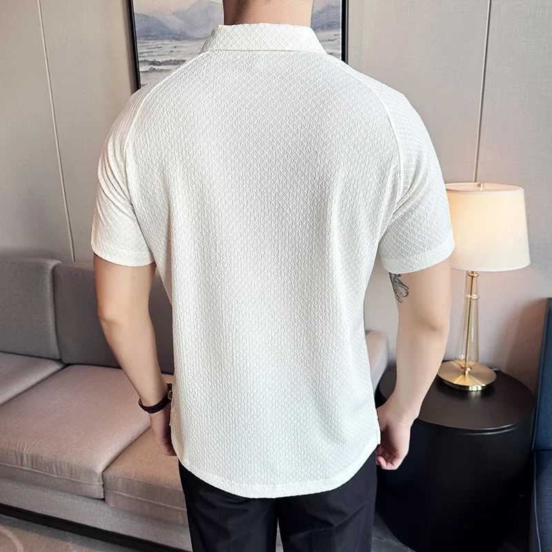 Men POLO Shirt 2024 British Style Summer Ice Silk Thin Solid Color Casual Elastic Slim Fit Short Sleeved T-shirt Mens Clothing