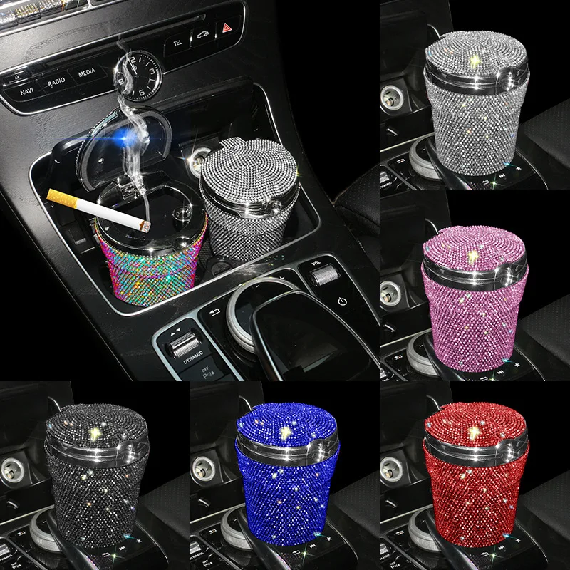 Diamond-studded Ashtray Household Car Ashtray with Cover Anti-fly Ash Desktop Ashtray Home Decoration Plastic Storage Box