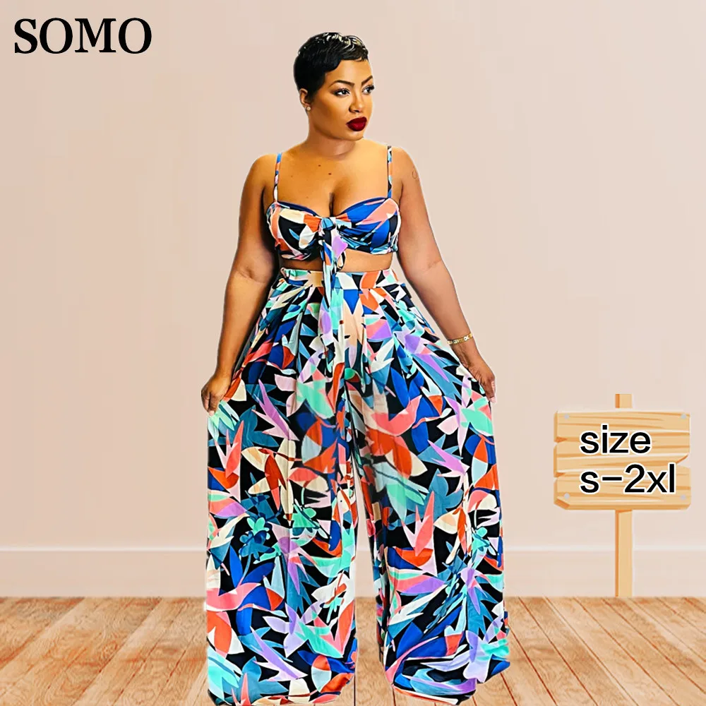 Summer Bohemia Loose Printed Two Piece Sets Halter Crop Top and Long Pants Floor Length Sexy Outfits Wholesale Dropshipping