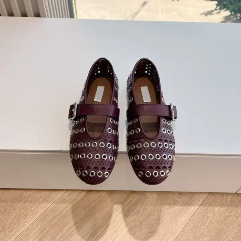 

Designer Brand Original One Button Ballet Shoes With Women's Genuine Leather Round Head Rivet Hollow Flat Sandals Mary Jane