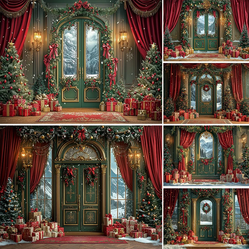 

LS Xmas Arch Windows Photography Backdrops Kids Family Child Santa Christmas Wall Xmas Wreath Classic House Snowy Backgrounds