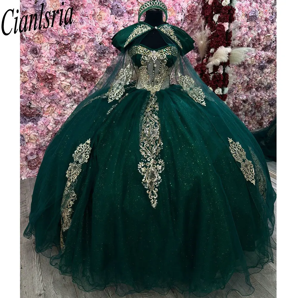 Emerald Green Illusion Crystal Beading Ball Gown Quinceanera Dresses With Jacket Gold Appliques Lace Sweet 16 Vestido De 15 Anos