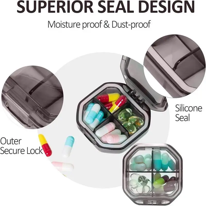 Portable 4/6 Compartment Pill Storage Box, Travel Medicine Separation and Classification Mini Packaging Box with Sealing Ring