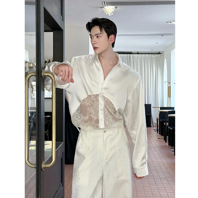 

Spring Autumn New Sle Men's Long Sve Lace Patchwork Loose irt Faionable Casual Outerwear Polyester Retro Sle