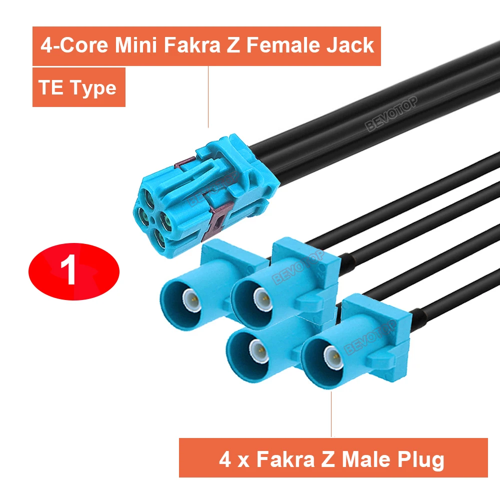 1PCS TE Type 4-in-1 4-Core MINI FAKRA Z to 4 FAKRA Z Male/Female connector RG174LL coaxial cable