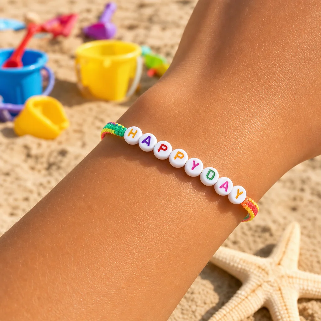1pc Happy Day Letter Bead Bracelet Colorful Braided Rope Tie Adjustable Plastic Cute Summer Beach Style for Women Men