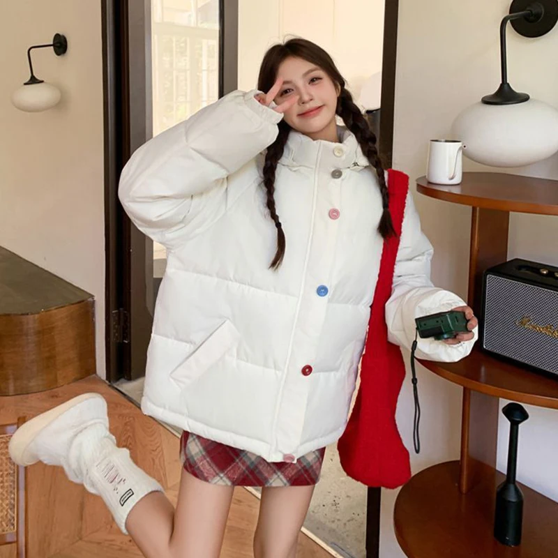 겨울 두꺼운 후드 파카 여성용 스위트 프레피 루즈 캐주얼 지퍼 푸피 코트 시크 버튼 긴 소매 배기 따뜻한 학생용 아우터