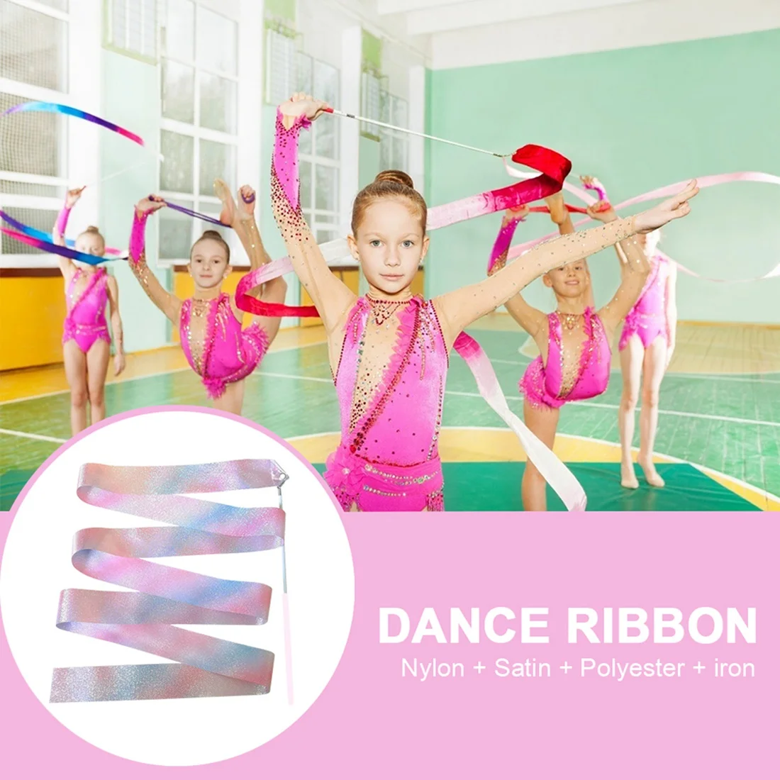 2M Flashing Star Gym Ribbons Dance Ribbon Rhythmic Art Ballet Streamer Twirling Rod Rainbow Stick