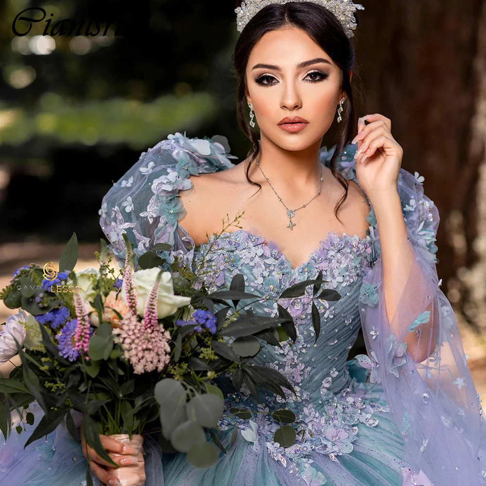 Vestido De baile De quinceañera con manga desmontable, hombros descubiertos, corsé plisado con flores en 3D, color azul humo, 15 Años