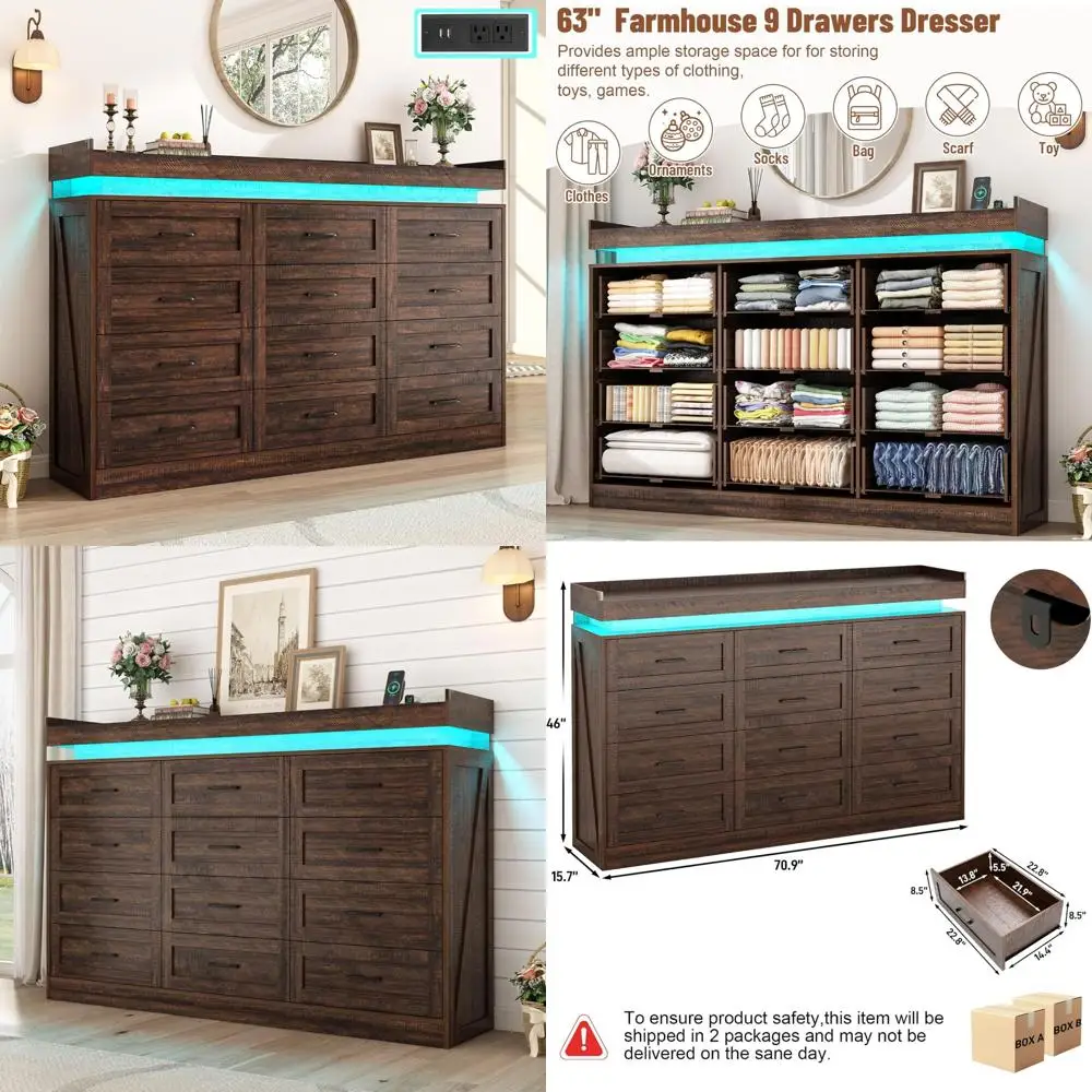 

Rustic Wooden Large 12-Drawer Farmhouse Dresser with LED Lighting and Power Outlets for Bedroom