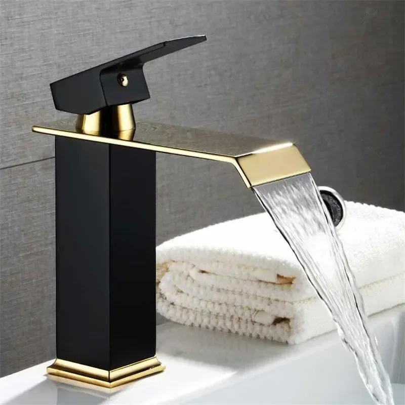 

Waterfall Faucet Basin Gold and White Brass Bathroom Faucet Bathroom Basin Faucet Hot and Cold Water