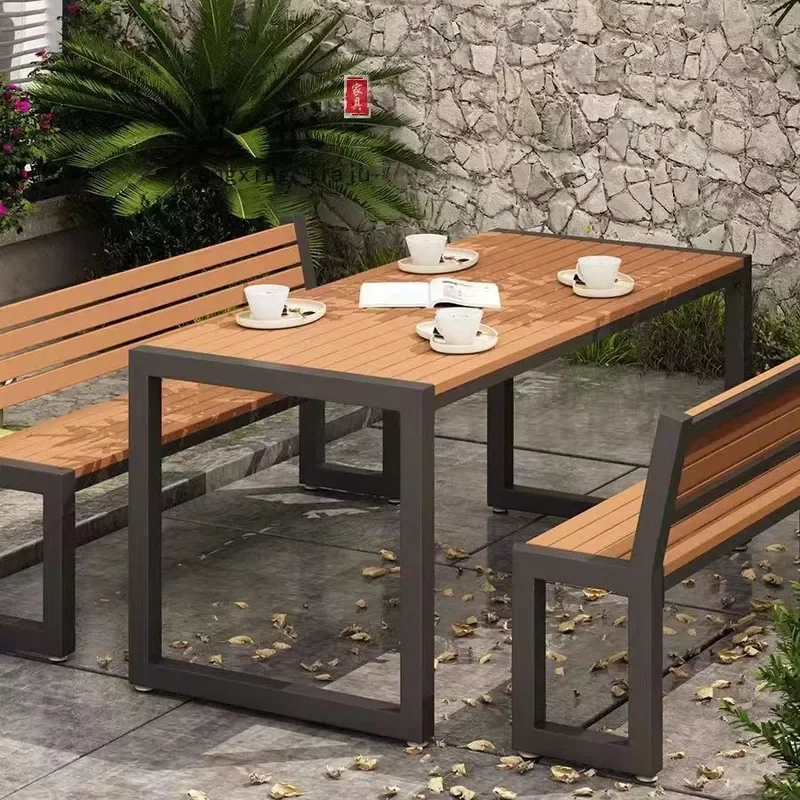 Outdoor Plastic Wood Table and Chair Set Waterproof Sunproof Long Dining Table for Garden Balcony Courtyard Park Leisure