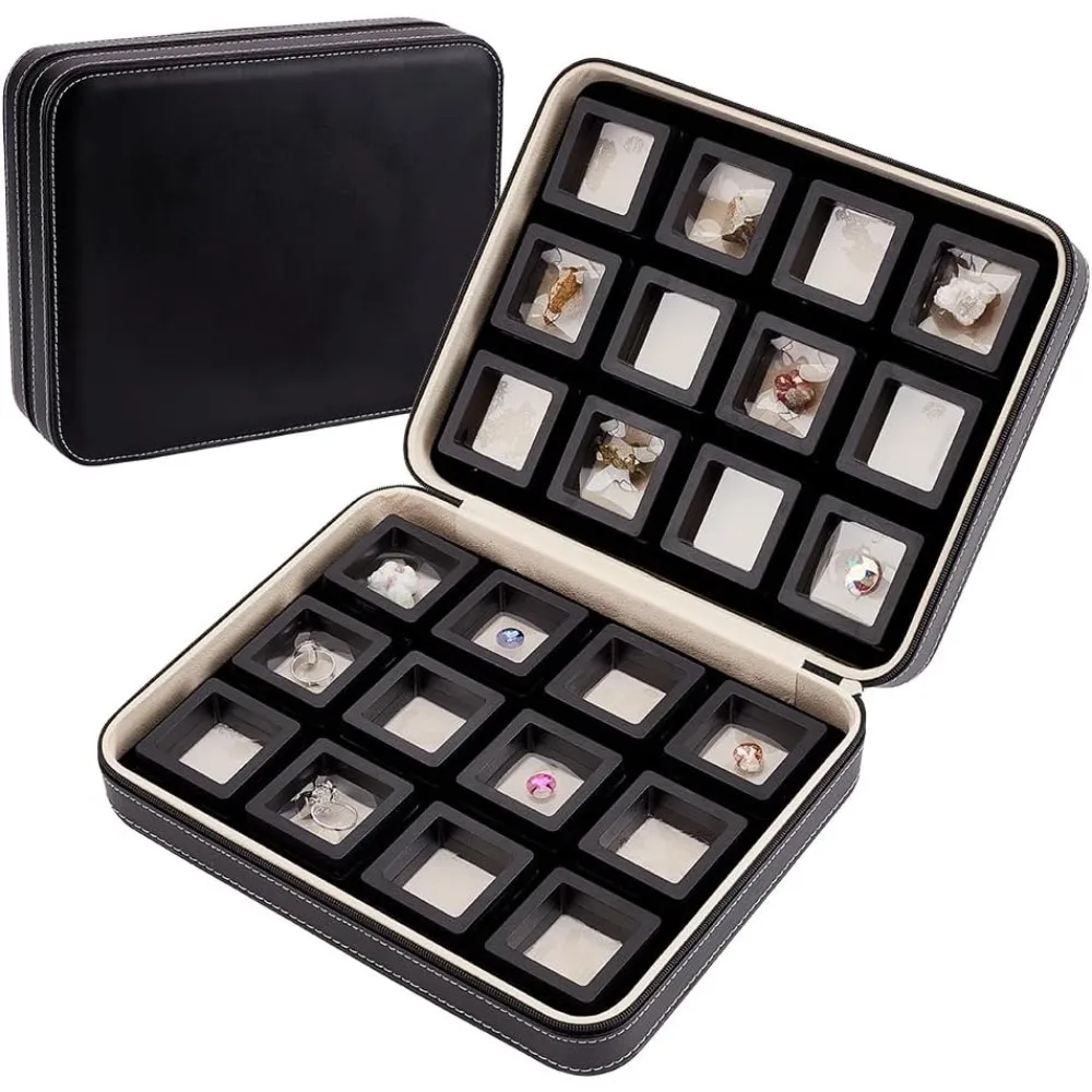 

24 Pcs 2x0.8 Inch Floating Display Case with Leather Storage Box Black Square Film Case for Gem Loose Box Containers