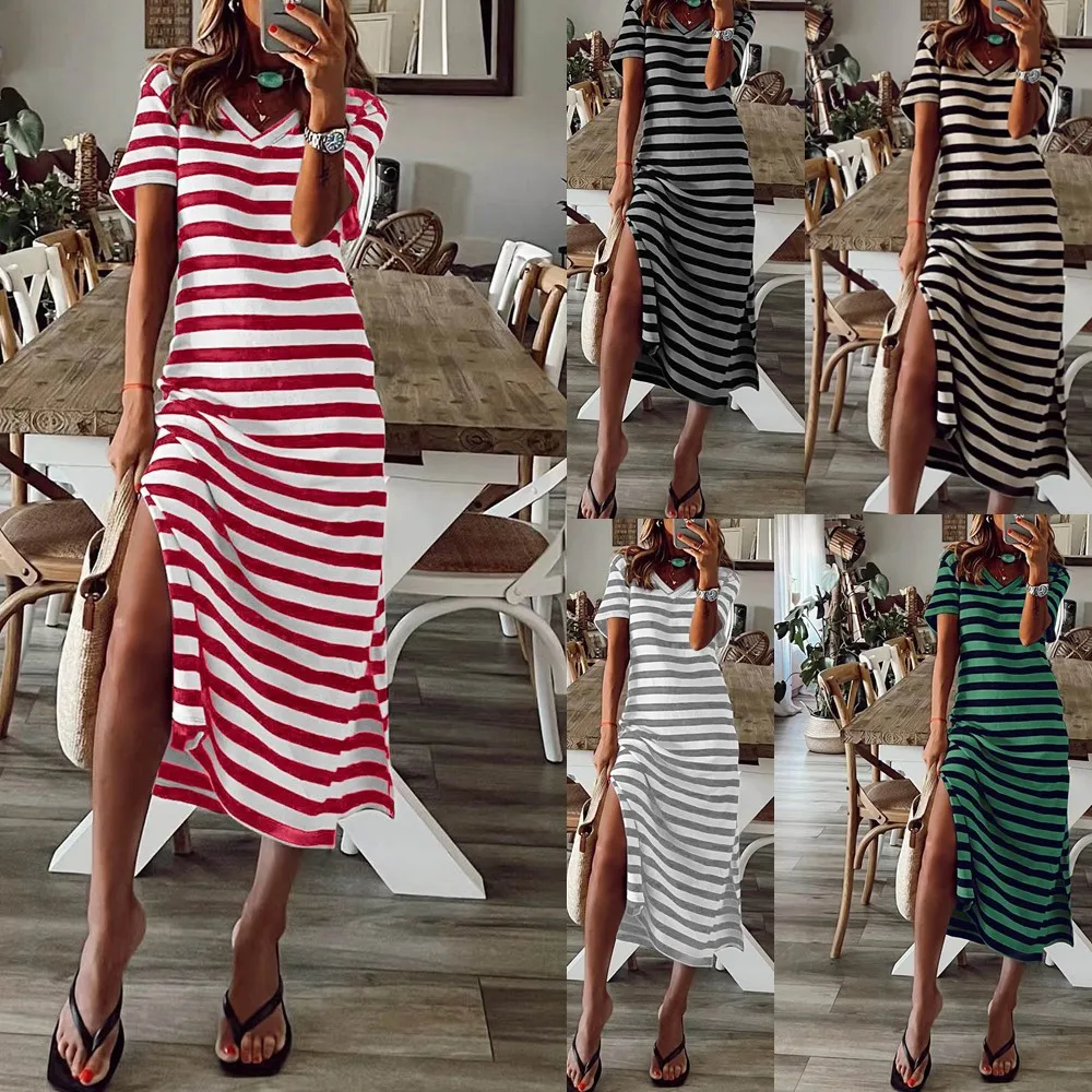 Summer 2025 Women's Loose Svel Striped Straight Dr Street Sle Cotton Polyester A-Line Dr V-Ne Long Dr