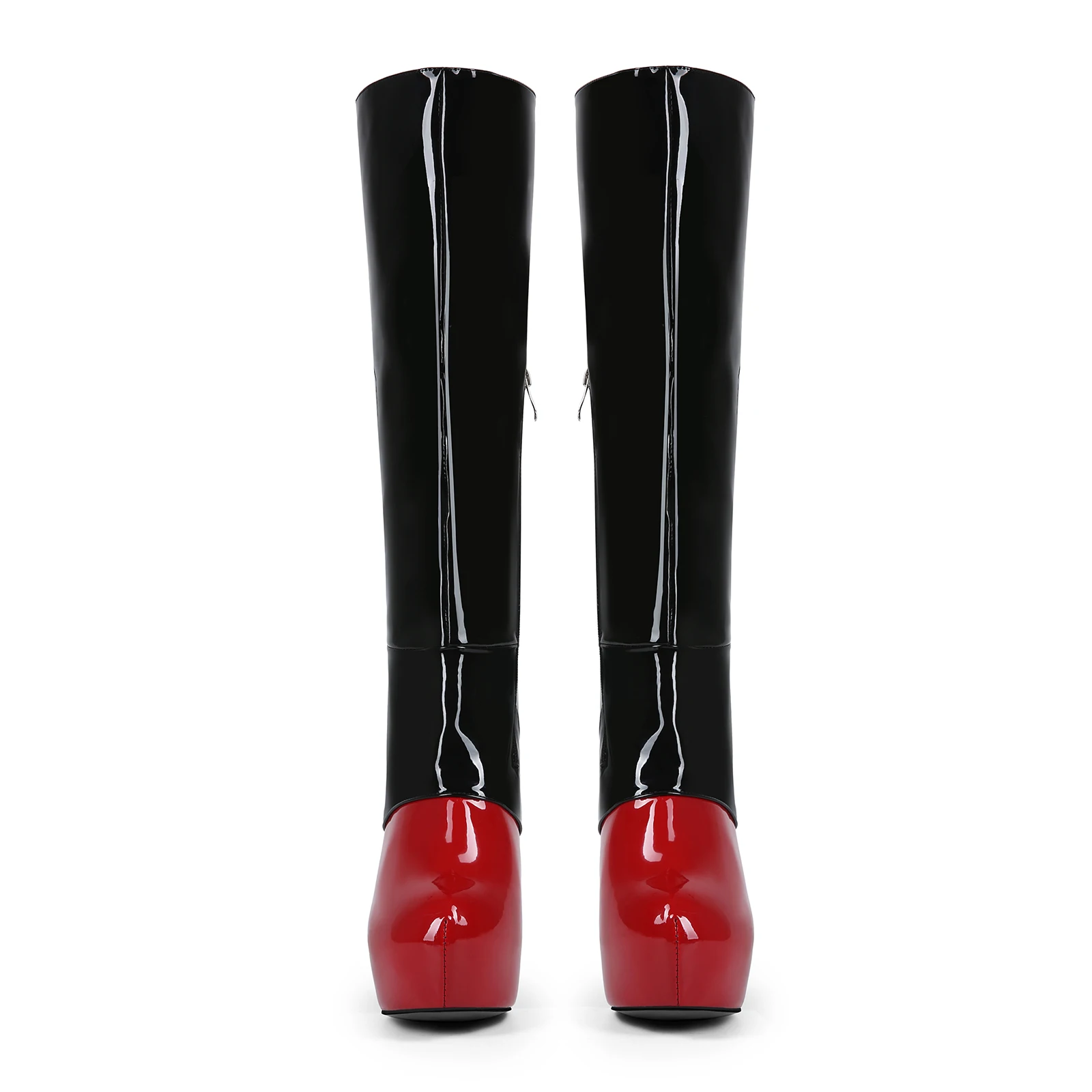 Botas de tacón alto hasta la rodilla, estilo gótico, sexys, con plataforma y tacón de aguja, hechas a mano, de Frankie Hsu, en negro y rojo charol, estilo punk, para chicas y chicos, talla grande, pantorrilla ancha, con cordones, para mujer y hombre.