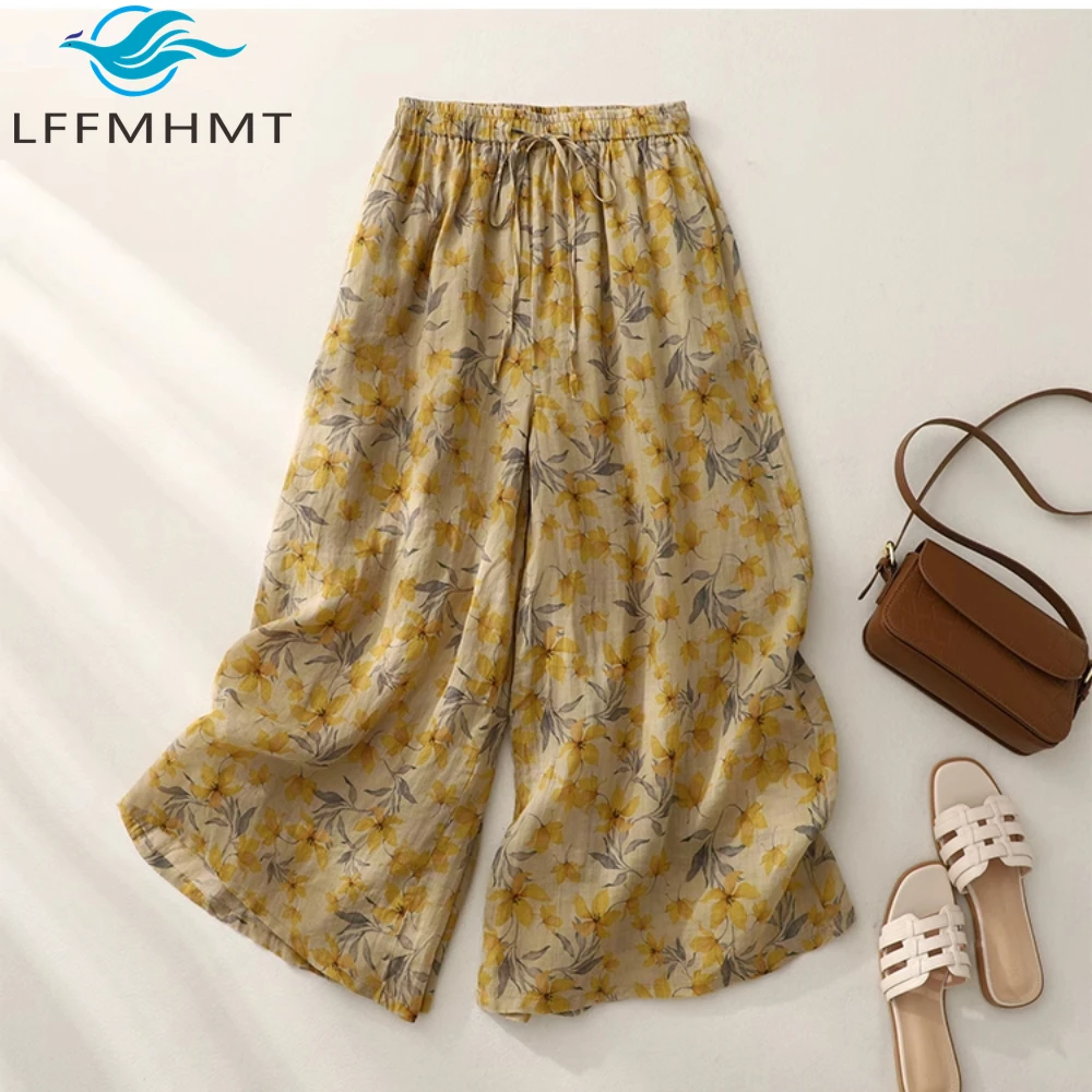 

Vintage Pants for Women Spring Summer Fashion Elastic Waist Floral Print Wide Leg Loose Casual Straight Trouser Female Clothes
