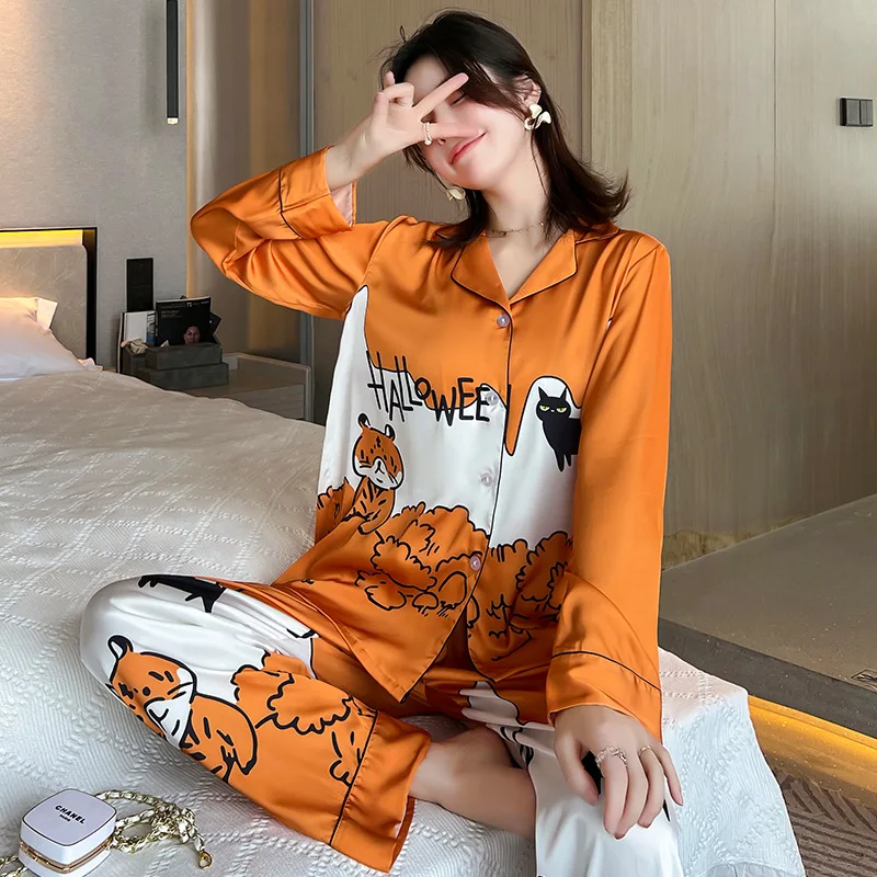 

Satin Pajamas For Women Spring Autumn Long Sleeve Sleepwear Pijamas Suit Sweet Nightwear Orange Home Clothing Casual Loungewear