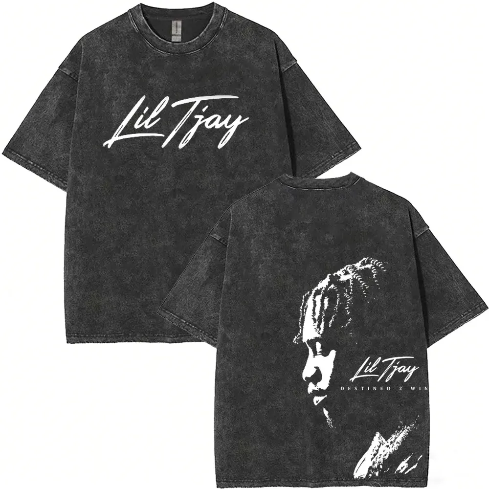 Washed Vintage Rapper Lil Tjay Face Graphic T-shirt Destined 2 Win T-shirts Men Women Hip Hop Fashion High Quality T Shirts Tops