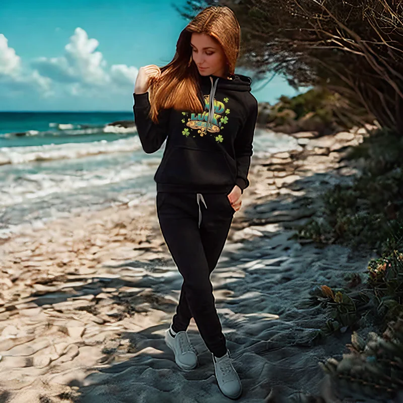 GOOD LUCK CE, GODLUCK Setelan Olahraga Wanita Kasual dengan Hoodie Lengan Panjang dan Celana Berikat Tali, Setelan Olahraga