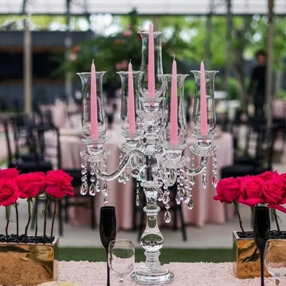 5pcs)Wedding Table Decoration 5 Arms Crystal Candelabra With Glass Cup Crystal Canldle Holder