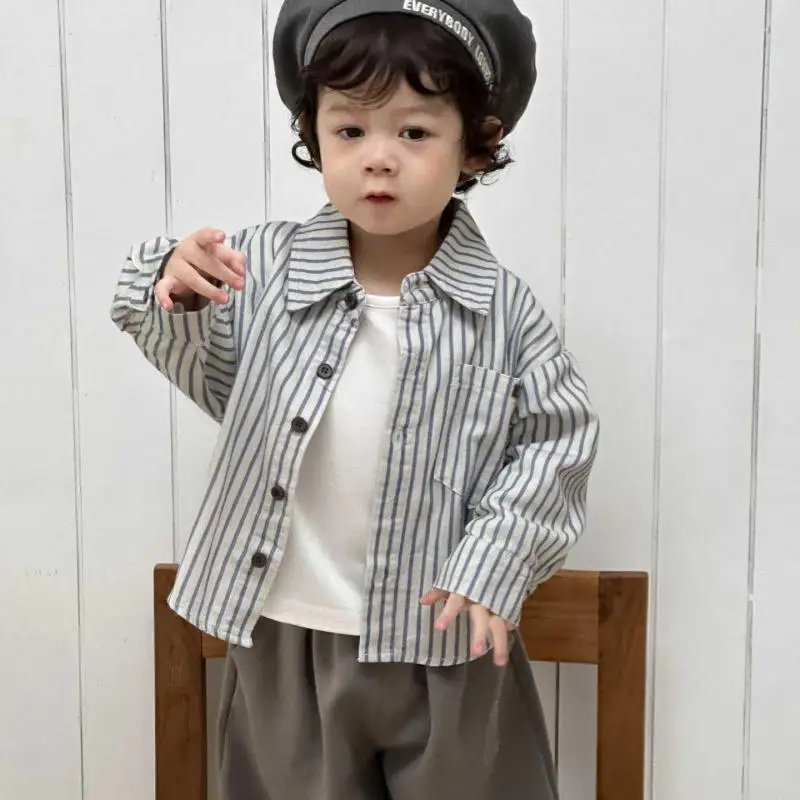 

Новинка осени 20%, детский полосатый кардиган с длинными рукавами, повседневное пальто для мальчиков и девочек, свободная куртка, детские рубашки с лацканами, одежда для малышей