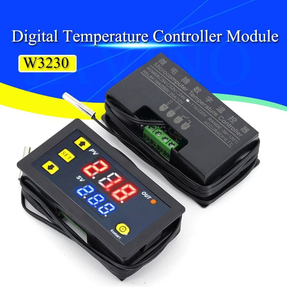 Controle de Temperatura Termostato Digital com Display Led W3230 12v 24v Ac110220v Sonda Linha 20a Calor e Arrefecimento Controle Instrumento